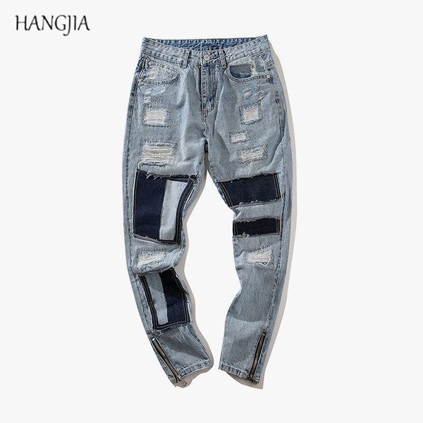 high street distressed washed destroyed jean europe and america men's slim hole patch patchwork ankle zipper denim pants, Blue
high street distressed washed destroyed jean europe and america men's slim hole patch patchwork ankle zipper denim pants, Blue