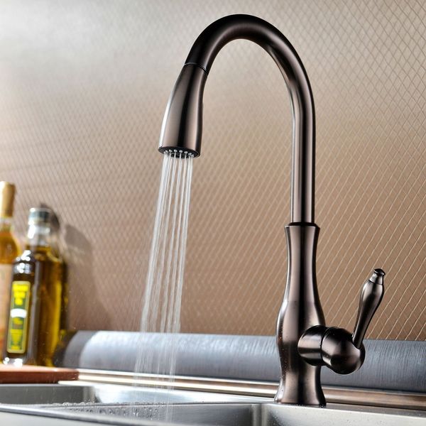 brass singel lever high arc pull down kitchen faucet with retractable pull out wand, swivel spout, oil rubbed bronze
brass singel lever high arc pull down kitchen faucet with retractable pull out wand, swivel spout, oil rubbed bronze