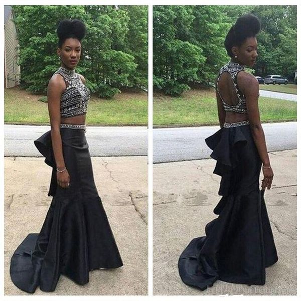 high neck african black two pieces prom dress crystal beaded mermaid ruffles trumpet evening party gown vestidos, Black;red
high neck african black two pieces prom dress crystal beaded mermaid ruffles trumpet evening party gown vestidos, Black;red