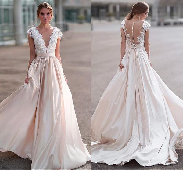 2018 Gorgeous Satin Sheer Neck Lace Wedding Dresses Cap Sleeves Ribbon Illusion Back Country Wedding Dresses Beach Bridal Dress Custom Made, White
2018 Gorgeous Satin Sheer Neck Lace Wedding Dresses Cap Sleeves Ribbon Illusion Back Country Wedding Dresses Beach Bridal Dress Custom Made, White