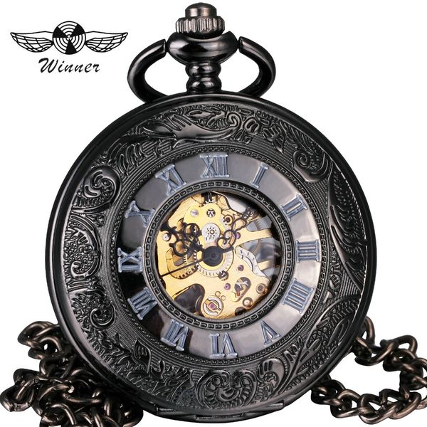 winner classic black pocket watch mechanical watches skeleton dial carved lid pendant necklace chain roman number + box, Slivery;golden 
winner classic black pocket watch mechanical watches skeleton dial carved lid pendant necklace chain roman number + box, Slivery;golden