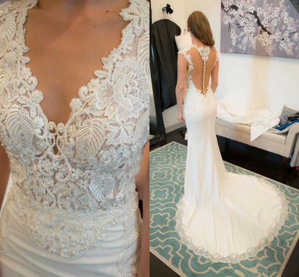 2018 mermaid wedding dresses illusion neck lace appliques pearls cap sleeves sheer back court train plus size formal bridal gowns, White
2018 mermaid wedding dresses illusion neck lace appliques pearls cap sleeves sheer back court train plus size formal bridal gowns, White