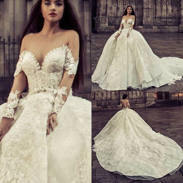 2018 lace wedding dress sheer neck long sleeves sweetheart appliques ball gown wedding dresses cathedral train bridal gowns, White
2018 lace wedding dress sheer neck long sleeves sweetheart appliques ball gown wedding dresses cathedral train bridal gowns, White