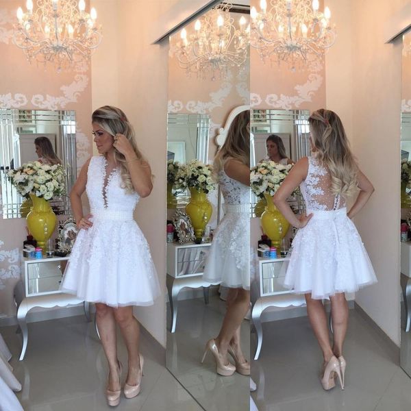 white lace 2018 a line homecoming dresses deep v neck pearls illusion back applique pleats ruffles cocktail party gowns short prom dresses, Blue;pink
white lace 2018 a line homecoming dresses deep v neck pearls illusion back applique pleats ruffles cocktail party gowns short prom dresses, Blue;pink