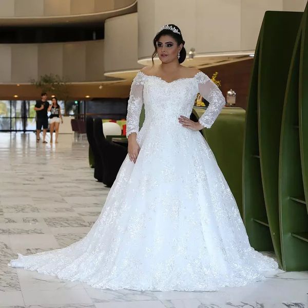 long sleeves lace wedding dresses plus size with beaded appliques off shoulder sweep train tulled a line wedding bridal gowns, White
long sleeves lace wedding dresses plus size with beaded appliques off shoulder sweep train tulled a line wedding bridal gowns, White