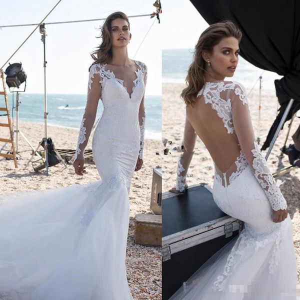 backless mermaid wedding dresses with long sleeves lace appliued sheer neck sweep train beach wedding gown, White
backless mermaid wedding dresses with long sleeves lace appliued sheer neck sweep train beach wedding gown, White