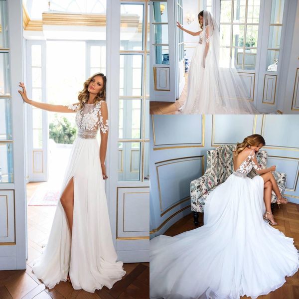 elegant jewel neck lace wedding dresses 2018 backless sheer long sleeves lace appliqued chiffon side split beach garden bridal gowns, White
elegant jewel neck lace wedding dresses 2018 backless sheer long sleeves lace appliqued chiffon side split beach garden bridal gowns, White