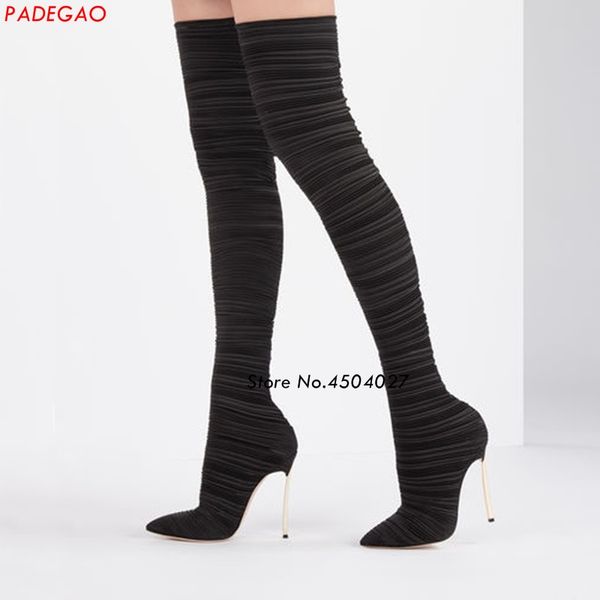stretch fabric shoes slip on over the knee boots pointed toe stiletto heel boots for womens, Black
stretch fabric shoes slip on over the knee boots pointed toe stiletto heel boots for womens, Black