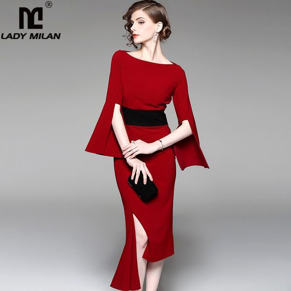 

new arrival autumn women's o neck flare sleeves patchwork split asymmetric elegant fashion desinger runway dresses, White;black