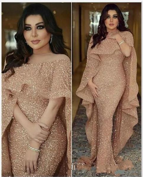 Sexy Gold Long Mermaid Evening Dresses Women Short Sleeve Jewel Neck Sequins Evening Gowns Sweep Train Prom Dress Zuhair Murad