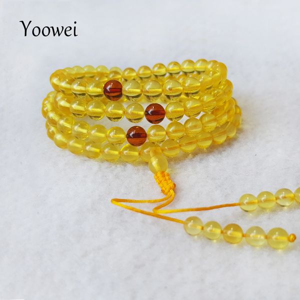 

yoowei amber 108 beads bracelet 5mm-7mm natural baltic amber stone great gift prayer meditation buddhist jewelry for women men, Golden;silver