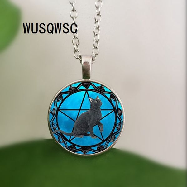 

wusqwsc black cat pendant for women wiccan necklace collar wicca pentagram blue glass pendant cristal colgante wicca collar, Silver