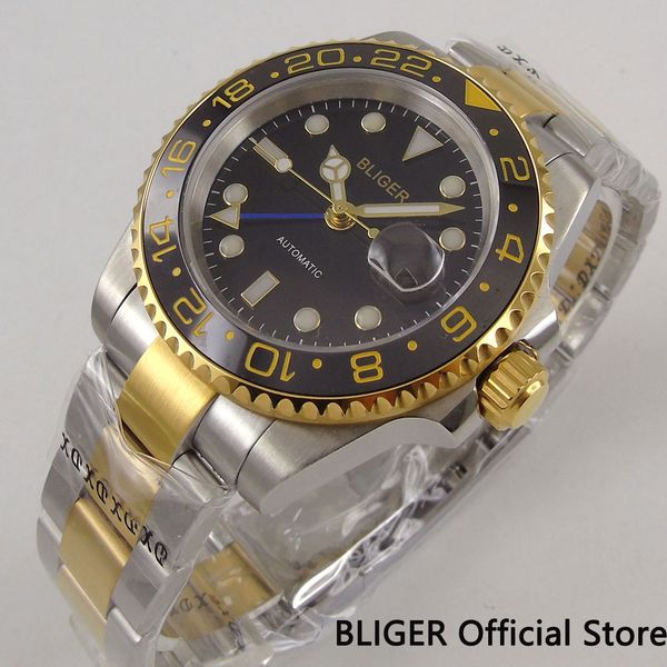 bliger 40mm black dial golden plated black ceramic bezel gmt function luminous sapphire glass automatic movement men's watch 281, Slivery;brown
bliger 40mm black dial golden plated black ceramic bezel gmt function luminous sapphire glass automatic movement men's watch 281, Slivery;brown