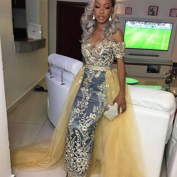 south african fascinating prom dresses with detachable overskirt off shoulder golden lace appliques evening dress short sleeve party gowns, Black
south african fascinating prom dresses with detachable overskirt off shoulder golden lace appliques evening dress short sleeve party gowns, Black