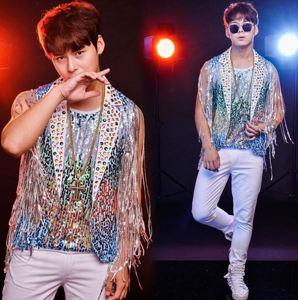 original men vest personalized singer dance stage street star style sleeveless fringed sequin crystal drill clothing, Black;white
original men vest personalized singer dance stage street star style sleeveless fringed sequin crystal drill clothing, Black;white