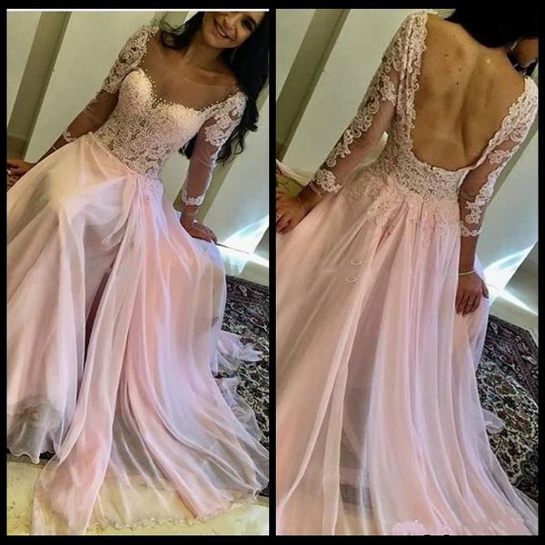 2018 arabic blush chiffon illusion scoop a-line long prom dresses sheer long sleeves lace appliques graduation gowns vestidos de festa, Black
2018 arabic blush chiffon illusion scoop a-line long prom dresses sheer long sleeves lace appliques graduation gowns vestidos de festa, Black