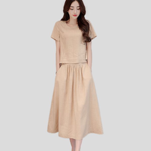 2018 new summer korean cotton woman round neck solid color short sleeve medium long skirt casual breathable two piece, Gray 
2018 new summer korean cotton woman round neck solid color short sleeve medium long skirt casual breathable two piece, Gray