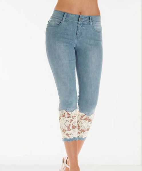 new fashion jeans leg lace patchwork capris for women mid waist pencil pants, Blue
new fashion jeans leg lace patchwork capris for women mid waist pencil pants, Blue