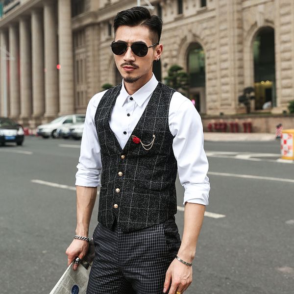 men classic plaid suit vest sleeveless jacket gilet mens waistcoat british blazer masculino slim fit career wedding vest, Black;white
men classic plaid suit vest sleeveless jacket gilet mens waistcoat british blazer masculino slim fit career wedding vest, Black;white
