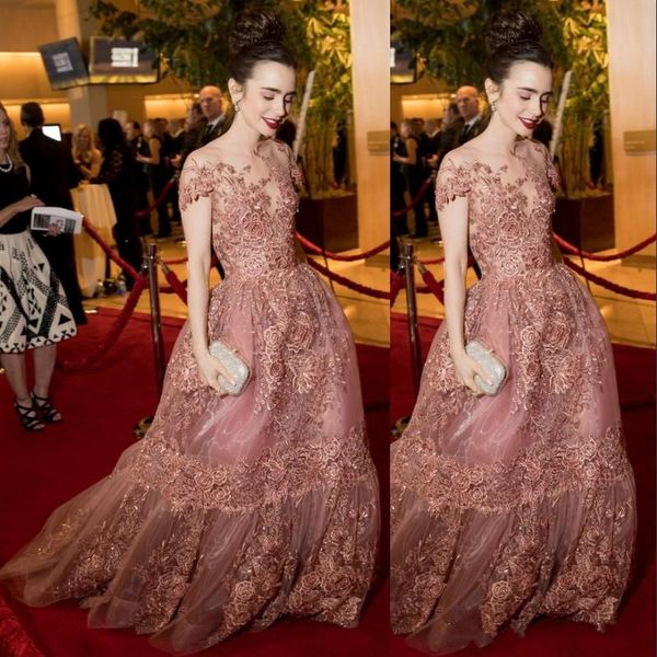 pink celebrity red carpet dresses sheer neckline lace appliques short sleeve pretty evening gowns gorgeous organza prom dress, Black;red
pink celebrity red carpet dresses sheer neckline lace appliques short sleeve pretty evening gowns gorgeous organza prom dress, Black;red