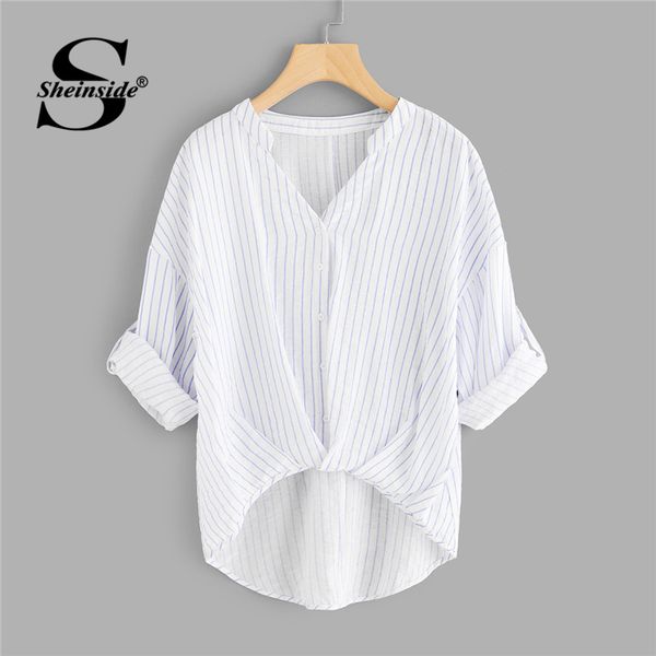 sheinside striped dip hem shirt women rolled up sleeve v neck casual 2018 summer asymmetrical office work blouse, White
sheinside striped dip hem shirt women rolled up sleeve v neck casual 2018 summer asymmetrical office work blouse, White