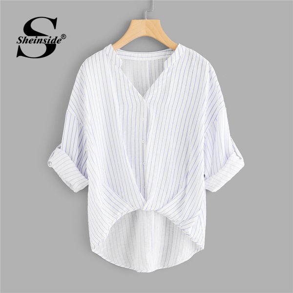 

sheinside striped dip hem shirt women rolled up sleeve v neck casual 2018 summer asymmetrical office work blouse, White