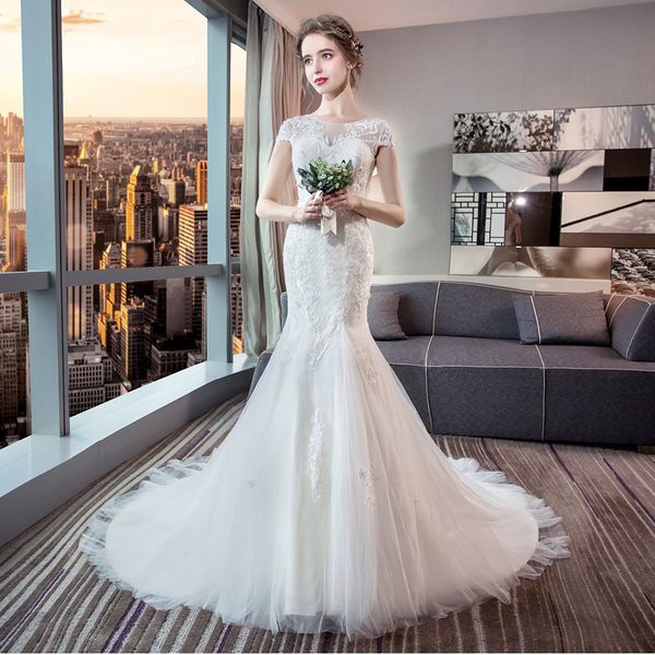 bateau neck tulle mermaid wedding dress with lace appliques 2018 sweep train bridal gowns lace up, White
bateau neck tulle mermaid wedding dress with lace appliques 2018 sweep train bridal gowns lace up, White