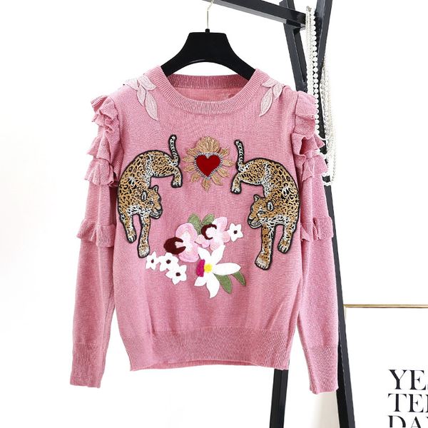 brand designer leopard women sweaters 2018 autumn winter fashion round neck embroidered ruffled long sleeve knit pulllovers thin jumpers, White;black
brand designer leopard women sweaters 2018 autumn winter fashion round neck embroidered ruffled long sleeve knit pulllovers thin jumpers, White;black