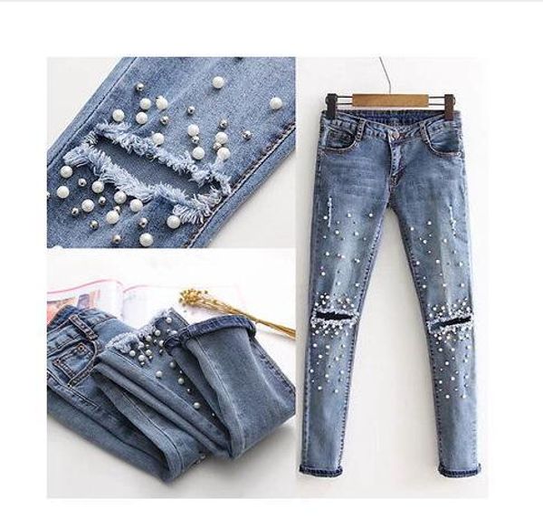 women fashion destroyed ripped pearled slim denim pants embroidered flares jeans trousers denim long hole, Blue
women fashion destroyed ripped pearled slim denim pants embroidered flares jeans trousers denim long hole, Blue