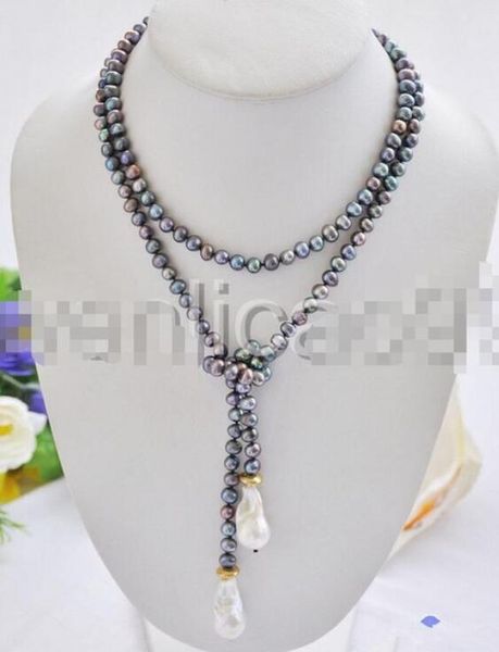 50" 8mm 22mm white keshi baroque black round freshwater pearl necklace, Silver 
50" 8mm 22mm white keshi baroque black round freshwater pearl necklace, Silver