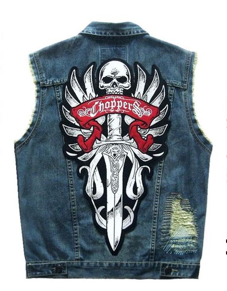 men's chopper patches motorcycle vest distressed denim badge rivet reflective skull embroidered sleeveless jacket mc biker vests, Black;white
men's chopper patches motorcycle vest distressed denim badge rivet reflective skull embroidered sleeveless jacket mc biker vests, Black;white