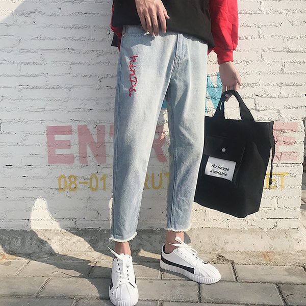 new arrive 2018 spring four seasons embroidery letter rough selvedge holes student bound feet pants tide male jeans trousers, Blue
new arrive 2018 spring four seasons embroidery letter rough selvedge holes student bound feet pants tide male jeans trousers, Blue