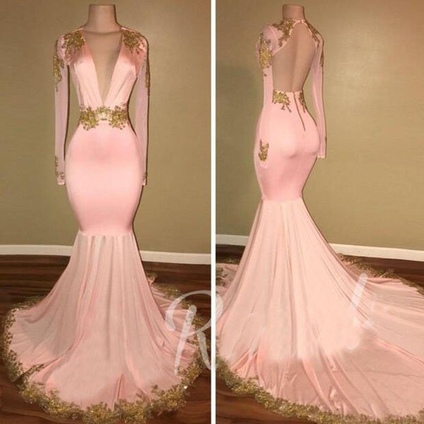 open back pink evening gowns mermaid deep v neck long sleeves gold appliques sweep train backless prom dress, Black;red
open back pink evening gowns mermaid deep v neck long sleeves gold appliques sweep train backless prom dress, Black;red