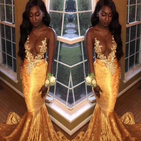 African 2018 New Gold Velvet Sexy Sheer Neck Mermaid Prom Dresses Appliques Plus Size Black Girls Formal Evening Dresses Gowns Custom Made
African 2018 New Gold Velvet Sexy Sheer Neck Mermaid Prom Dresses Appliques Plus Size Black Girls Formal Evening Dresses Gowns Custom Made