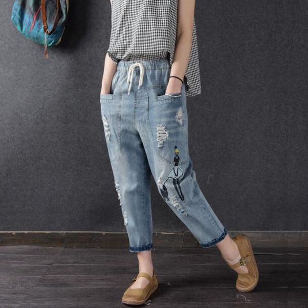 women street fashion embroidered boyfriend jeans harem baggy pants casual 3d floral elastic waist light blue denim
women street fashion embroidered boyfriend jeans harem baggy pants casual 3d floral elastic waist light blue denim