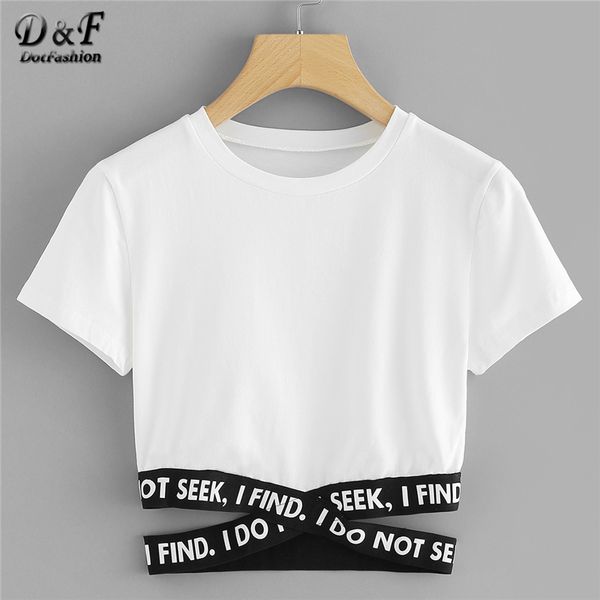 

dashion contrast slogan criss cross waist tee 2018 summer round neck short sleeve women white asymmetrical t shirt