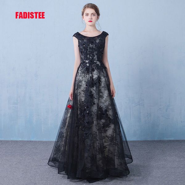 fadistee новое прибытие современные вечерние кружевные платья vestido де феста пром платье сексуальная совок шеи трапеция черный длинные кру, Black