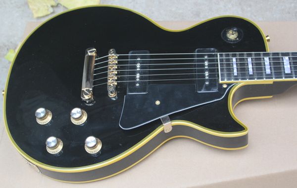 Cu tom 1958 rei ue dual p 90 pickup black electric guitar yellow 5 ply binding black pickguard block mop fingerboard inlay gold hardware
Cu tom 1958 rei ue dual p 90 pickup black electric guitar yellow 5 ply binding black pickguard block mop fingerboard inlay gold hardware