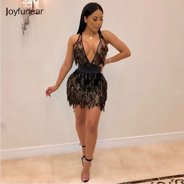 

joyfunear 2018 autumn sequin backless bandage dress women nightclub party mini dress bodycon black v neck dresses vestidos, White;black