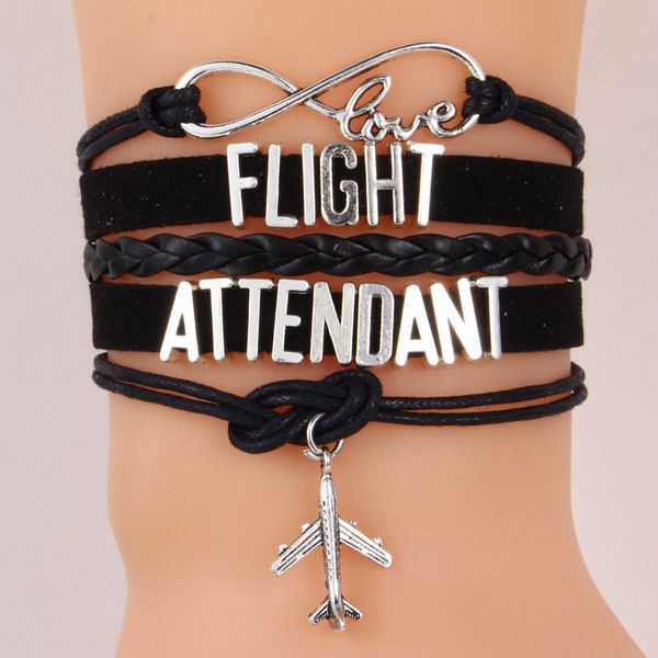

ncrhgl infinity love flight attendant bracelets bangles airplane charm braided leather bracelet jewelry for drop shipping, Black