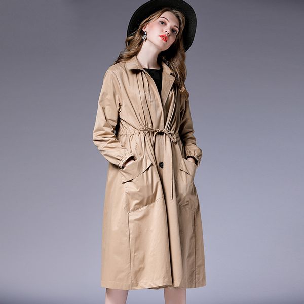 

2018 fashion design women autumn trench coat with sash plus size big pockets women casual long coat khaki black color, Tan;black