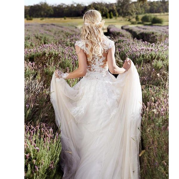 vintage sheer neck full lace appliques beach bohemian tulle wedding dresses full skirt pleated bridal gowns custom made, White
vintage sheer neck full lace appliques beach bohemian tulle wedding dresses full skirt pleated bridal gowns custom made, White