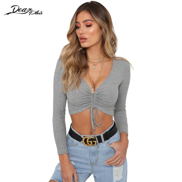 women deep v neck ruched lace up slim casual crop fashion long sleeve stretch t shirt ladies tees, White
women deep v neck ruched lace up slim casual crop fashion long sleeve stretch t shirt ladies tees, White