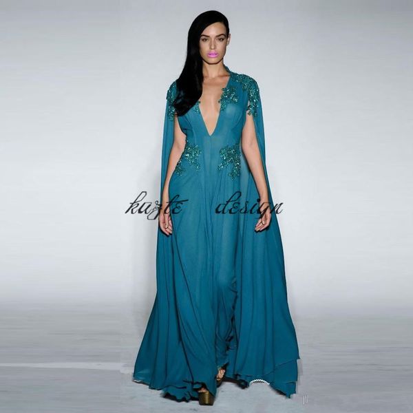 teal blue a line chiffon evening dresses v neck with cape formal prom dress lace appliques sequin red carpet gowns, Black
teal blue a line chiffon evening dresses v neck with cape formal prom dress lace appliques sequin red carpet gowns, Black