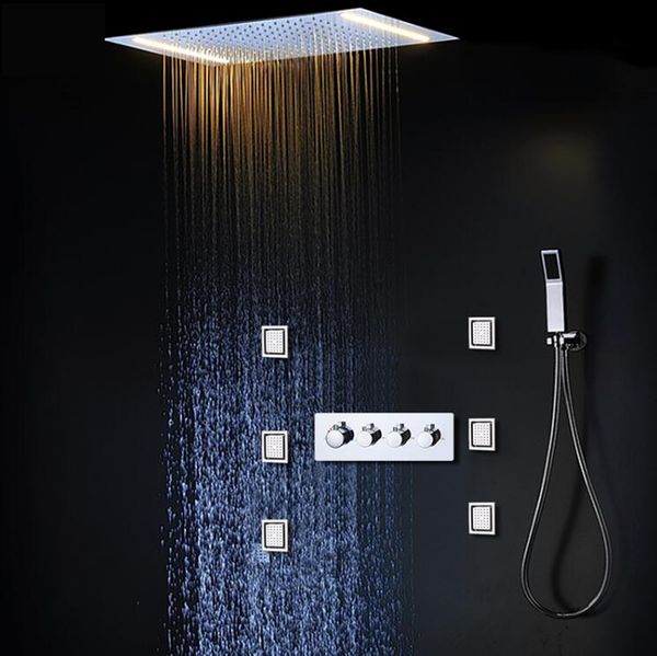 luxury shower set with brass thermostat mixer 20"x14" rainfall led shower head 6 body jet chrome finish
luxury shower set with brass thermostat mixer 20"x14" rainfall led shower head 6 body jet chrome finish