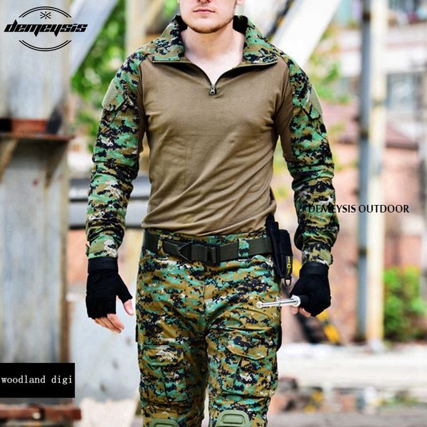 woodland digital army uniform camouflage tactical combat suit war game clothing shirt + pants elbow knee pads, Camo