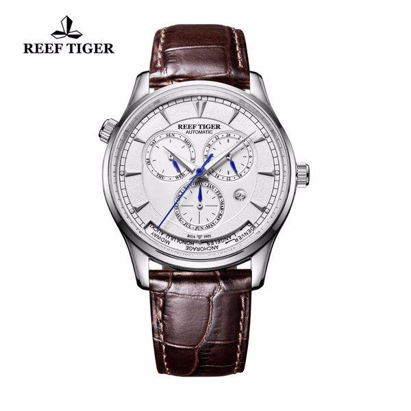 reef tiger/rt time automatic watch for men sports complicated white dial steel date day watch relogio masculino, Slivery;brown
reef tiger/rt time automatic watch for men sports complicated white dial steel date day watch relogio masculino, Slivery;brown