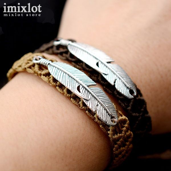 vintage feather charm bracelets for men handmade fashion khaki coffee braided rope bracelets adjustable length, White
vintage feather charm bracelets for men handmade fashion khaki coffee braided rope bracelets adjustable length, White