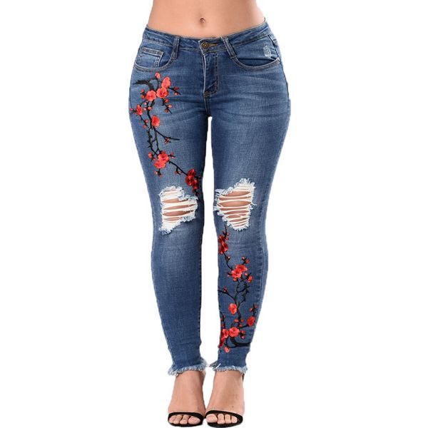 2018 new women casual plum flower embroidery hole jeans trousers ladies autumn winter street skinny pencil pants, Blue
2018 new women casual plum flower embroidery hole jeans trousers ladies autumn winter street skinny pencil pants, Blue