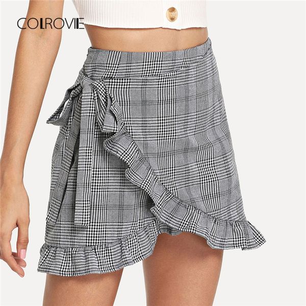 colrovie grey plaid ruffle frill trim knot side wrap skirt 2018 new summer preppy mini skirt mid waist holiday women, Black
colrovie grey plaid ruffle frill trim knot side wrap skirt 2018 new summer preppy mini skirt mid waist holiday women, Black